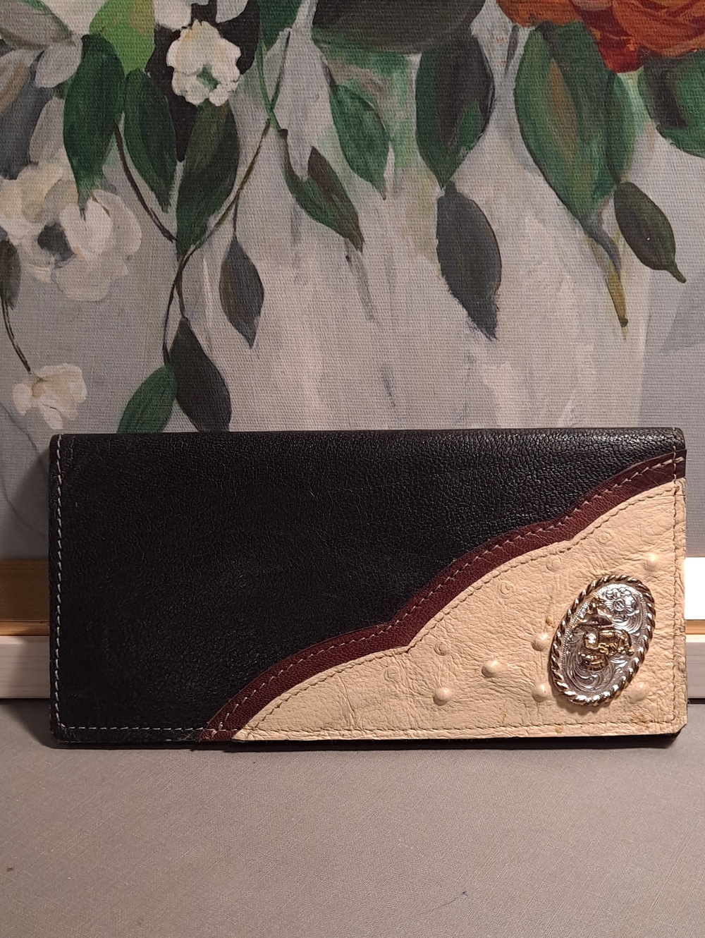 Artisan Handmade Southwestern Rodeo Bronco Black Cream Leather Wallet Concho
